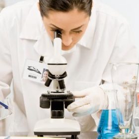 Médico olhando microscopio
