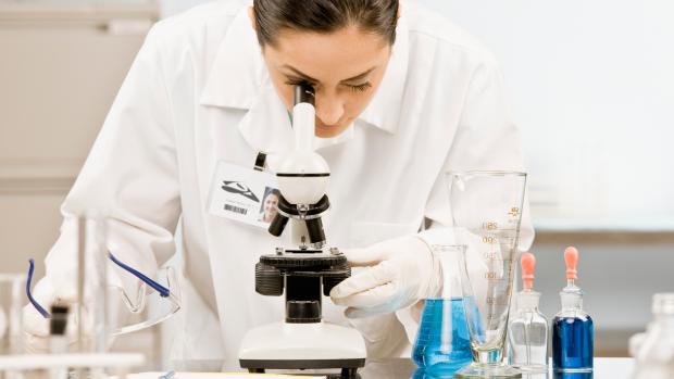 Médico olhando microscopio